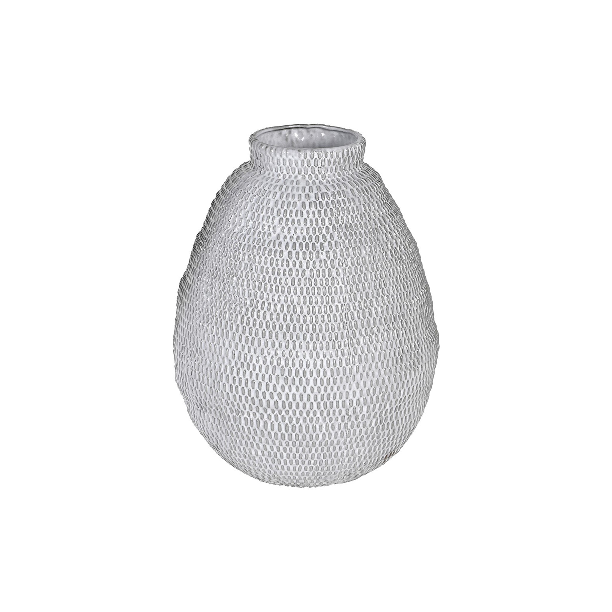 Grey white ceramic vase with a dotted line texture.  Dimensions: H:260 Dia:200 mm  Materials: Ceramic  Delivery: 7-10 working days